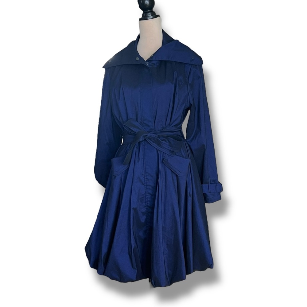 Samuel Dong Blue Fit and Flare Trench Coat with Bubble Hem in Midnight Blue, XL